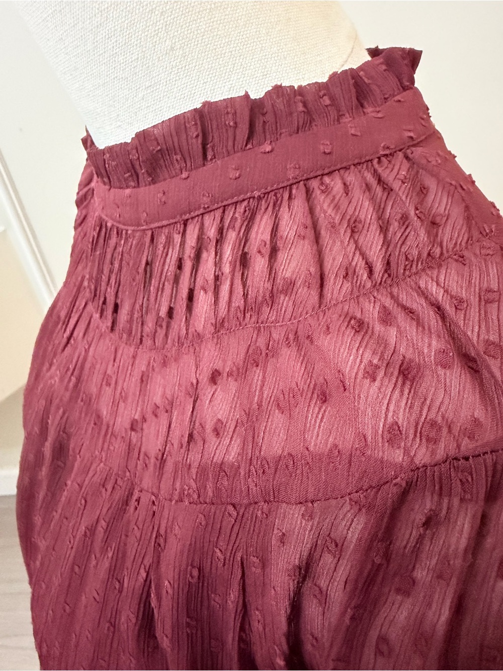 LOFT Burgundy Smocked High-Neck Blouse - Picture 5 of 11